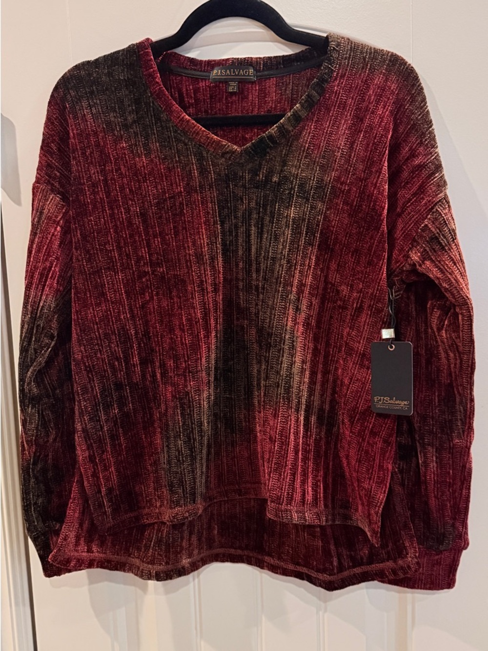 PJ Salvage Womens Velvet V Neck Cozy Pullover Sweater Wine Size L NWT